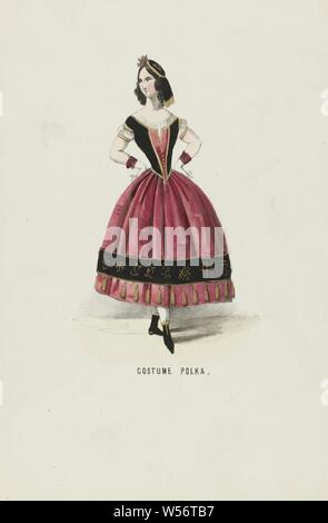Kostüm Polka (Titel auf Objekt), Frau in der polnischen Kleid, 19. Zusätzliche Leistung für die Blechbearbeitung auf der kostümierten Ball im Schloss des Prinzen von Orange (später König William III.) in Den Haag am 26. Februar 1845, historischen Kostüm, Polen, anonym, Niederlande (möglicherweise), 1840 - 1850, Papier, H 273 mm x B 180 mm Stockfoto