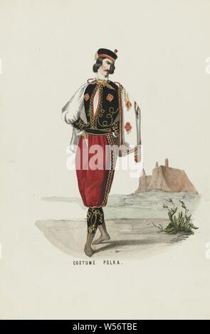 Kostüm Polka (Titel auf Objekt), ist der Mensch in der polnischen Kleidung, 19. Zusätzliche Leistung für die Blechbearbeitung auf der kostümierten Ball im Schloss des Prinzen von Orange (später König William III.) in Den Haag am 26. Februar 1845, historischen Kostüm, Polen, anonym, Niederlande (möglicherweise), 1840 - 1850, Papier, H 272 mm x B 179 mm Stockfoto