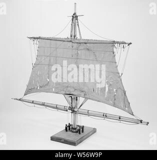 Modell eines Topsail, Sehr detailliertes Modell der obere Teil von einem Mast mit steng, Mars und Mars Segel auf Ra's, sofern mit dem Wasserfahrzeug, auf einem Board mit Nagel Sitzbank, beschädigt und unvollständig. Der März hat Kette putings, der Ra mit Leim Muskeln ausgestattet sind. Das Segel, sobald sie fertig sind, neunzehn hat Segel Teppiche im Obergeschoss, und 29 im Erdgeschoss, mit Schrittband, vier Einnahmen, drei pop Schlingen, palstek schießt und Hörner, mit Leder verstärkt, die Schüsse sind der Kette. Die Einnahmen bestehen aus Riff Führer, mit schaltet, die im Fenster auf einem Seil befestigt sind. Maßstab 1:10 Stockfoto