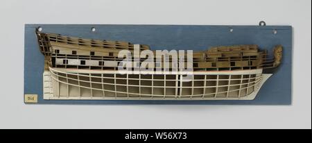 Die Hälfte Modell oder ein 54-Kanonen Schiff der Linie, Polychromed schimmel Modell (Steuerbord). Die Masten werden nicht angegeben. Ein markantes Element in diesem Modell ist die Doppelzimmer mit großem Rahmen. 22 Kanonenluken, verteilt über zwei Decks, die Haut der unteren Fahrgastebene und Hauptdeck ist teilweise geschlossen, der oberen Meister geschlossen ist, liegt eine horizontale Form auf der Ebene der unteren Deck. Scheg mit Silhouette einer Abbildung mit gekrönten Löwen bemalt. Spiegel, hohlen Wulf, zwei-stöckige Zaun mit Wellenschliff obere Kante verdreht, mit Curl, Galerie mit zwei Etagen mit einem sphärischen Dach und die Fish Tail gemalt. Gerade Ruder Stockfoto