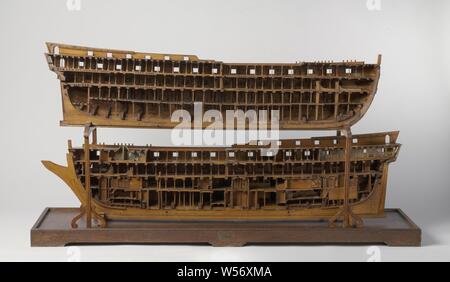 Modell eines 90-Gun Schiff, Truss Modell der Rumpf, längs geschnitten und die beiden Hälften übereinander auf einem Brett angeordnet. Die steuerbord Hälfte ist vollständig nach innen mit vollständigen Bombardierung gearbeitet, während der Hafen die Hälfte alle mit Haut und Gewicht zur Verfügung gestellt und zeigt den Deck Konstruktion. 70 - vier Tore, verteilt auf drei Decks, Decks auf fünf Ebenen: Kuh Brücke, Unterdeck, Zwischendecks, deck Deck und das halbe Deck mit Gehwegen, top campanel, für die ausschließlich die Aufnahmemengen für das Deck Balken angezeigt werden. Keine Galeone, nur das skeg. Spiegel und hohlen Wulf mit zwei Toren, Zaun aus zwei Verdrillten Stockfoto