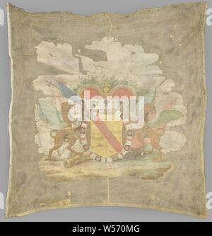 Oberst banner Einer von Baden-Durlach, Ecru Regimenter, in der Mitte das Wappen von Baden, abgedeckt durch die königliche Krone, von einer weißen, roten und schwarzen gestaltete Band umgeben. Das Ganze ist mit zwei greifen (auf dem Flug Seite abgewendet), und ist auf eine Trophäe von Bannern, Waffen, etc. platziert, hinter der Krone, eine grünen Hain, hinter der Sonne und Wolken. Im Vordergrund auf dem Flug Seite ein kreuzförmiges Order Mark. Paradekant: Statt der Wappen von Baden das Wappen der Republik. Die ovale Band um es ist blau: CONCORDIA PARVAE RES CRESCUNT, abgedeckt durch eine Krone Stockfoto