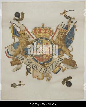 Banner der Niederländischen Gardes Regiment zu Fuß, Ecru, in der Mitte ein ovales Wappen mit dem gesamten Wappen von Oranje-Nassau durch die Reihenfolge der Strumpfband, von zwei Löwen gehaltene umgeben, die, die sich auf dem Stick Seite, mit einem königlichen Krone auf und durch eine königliche Krone bedeckt. Die Löwen stehen auf einem weißen Banderole, auf denen die klassische Kapitelle in Schwarz: JE MAINTIENDRAI. Das ganze ist auf eine Trophäe der Banner platziert, Trompeten, Schlagzeug, Waffen, etc. An der Unterseite hängt an eine weiße Schleife das Juwel des Ordens vom Schwarzen Adler von Preußen. Inschrift: auf dem Arm: CHONI SOIT QUI MAL Y PENSE Stockfoto