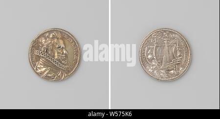 Philip Willem, Prinz von Orange, Silber Medaille. Front: Die man-Büste im Inneren. Rückwärtsgang: Schiff in schwerer Sturm, mit Schlange um aft Mast, Adler mit Laurel Zweig im Schnabel saß oben auf der Mittelmast und Globus mit Pyramide darauf steht auf Sockel auf Beutezug in umschrieben., Philip Willem (Prinz von Oranien), Guillaume Dupré (Kopieren nach), Paris, 1605, silber (Metall), Gründung, d4cm × W211 Stockfoto