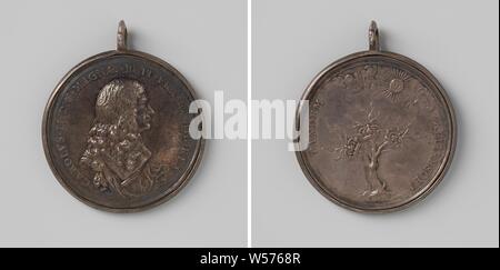 Rückkehr und feierlichen Zitat von Karl II. in London, Silbermedaille mit dem Tragen von Auge. Front: Die man-Büste im Inneren. Rückwärtsgang: Baum mit drei Kronen beleuchtet durch die Sonne, in einem Kreis. Beide Seiten mit dem Ring zusammen, London, Charles II (König von England), anonyme, England, 1660, silber (Metall), markanten (Metallverarbeitung), d 4,1 cm x T 3,5 cm × W76 Stockfoto