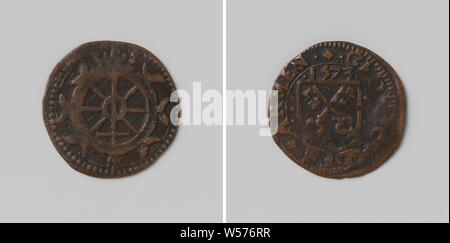 Catharina guesthouse von Leiden, von bobber Wert eines Ohrs, Kupfer-Medaille. Vorderseite: gekrönt. Rückseite: Wappen mit Jahr Innenseite, Leiden, Sint-Catharinagasthuis (Leiden), anonym, 1573, kupfer (Metall), markanten (Metallverarbeitung), d 2,1 cm × w 1.42 Stockfoto