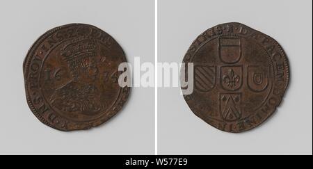 Hoffnung auf Frieden, gezählt Token zu Ehren von Philipp IV., König von Spanien, von den Staaten von Lille, Kupfer Medaille bestellt. Vorderseite: der Mann büste Stück mit Krone zwischen Jahr innerhalb einer Inschrift. Rückseite: Wappen von vier Wappen in einem Umfang, Lille, Philip IV (König von Spanien), Staaten von Lille, anonym, 1634, kupfer (Metall), markanten (Metallverarbeitung), d 2,8 cm × w 4.91 umgeben Stockfoto