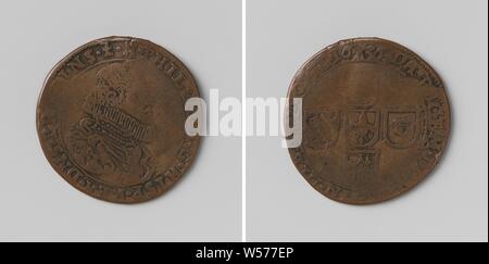 Hoffnung auf Frieden, gezählt Token zu Ehren von Philipp IV., König von Spanien, von den Staaten von Lille, Kupfer Medaille bestellt. Front: Die man-Büste im Inneren. Rückseite: Wappen von vier Wappen in einem Umfang, Lille, Philip IV (König von Spanien), Staaten von Lille, anonym, 1636, kupfer (Metall), markanten (Metallverarbeitung), d 2,8 cm × w 4.91 umgeben Stockfoto