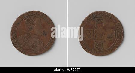 Hoffnung auf Frieden, gezählt Token zu Ehren von Philipp IV., König von Spanien, Kupfer-Medaille. Front: Die man-Büste im Inneren. Rückseite: Wappen von vier Wappen in einem Umfang, Lille, Philip IV (König von Spanien), Staaten von Lille, anonym, 1637, kupfer (Metall), markanten (Metallverarbeitung), d 2,7 cm × w53 umgeben Stockfoto