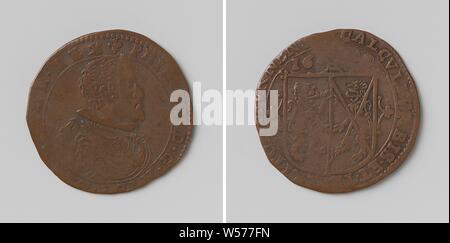 Philipp IV., König von Spanien, gezählt Token im Auftrag der Stadt von Veurne, Kupfer Medaille aufgeladen. Front: Die man-Büste im Inneren. Rückseite: Wappen mit einem Jahr in einem Kreis, Veurne, Veurne-Ambacht, Philip IV (König von Spanien), anonyme, Belgien, 1640, kupfer (Metall), markanten (Metallverarbeitung), d 3 cm × w 5.69 Stockfoto