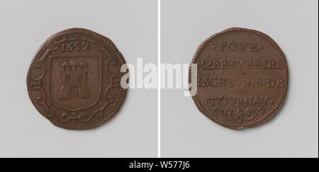 Stadt von Tournai, Berechnung Token für die Stadträte, Kupfer-Medaille. Vorderseite: Wappen in Kartusche unter Jahr. Rückwärtsgang: Inschrift über dekoratives Motiv, Tournai, anonym, 1652, kupfer (Metall), markanten (Metallverarbeitung), d 2,5 cm × w 4.35 Stockfoto