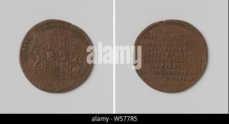 Inacho Melchior Ferdinand de Velasco, Constable von Kastilien und Leon, der Gouverneur der südlichen Niederlande, Graf Token von Charles Jacques Taye, Magistrat der Fiskus von Brüssel, Kupfer-Medaille. Vorderseite: Wappen unter zwei Helme, durch zwei Hunde mit Banner inside Inschrift flankiert. Rückwärtsgang: Inschrift, Brüssel, Charles Jacques Taye, Charles II (König von Spanien), Inacho Melchior Ferdinand de, Constable von Velasco, Kastilien und Leon, anonym, Jan-1669, kupfer (Metall), markanten (Metallverarbeitung), d 3,2 cm × W66 Stockfoto