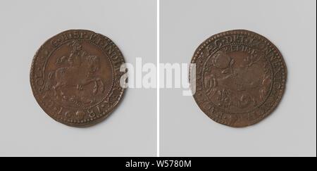 Bund zwischen Spanien und England, gezählt Token zu Ehren von Charles II., König von Spanien, Kupfer-Medaille. Vorderseite: Reiter auf dem Pferd in den Ring. Rückseite: zwei gefalteten Händen zusammen aus Wolken halten Rose und Olive Branch zusammen oben gefüllt Horn von Fülle in Umfang, Spanien, England, Charles II (König von Spanien), anonyme, Brüssel, 1681, kupfer (Metall), markanten (Metallverarbeitung), d 3,1 cm × w 5.85 Stockfoto