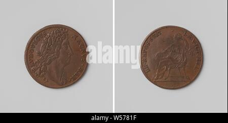 20-jährige Datei aus Regensburg zwischen Frankreich, den Kaiser, Spanien und den Niederlanden, gezählt Token zu Ehren von Ludwig XIV., König von Frankreich, Kupfer-Medaille. Vorderseite: des Menschen Bruststück mit Lorbeerkranz innerhalb einer Inschrift. Rückwärtsgang: Sitzende Frau, der Rest, eine Krone auf ihr Knie in einem Wrap, Regensburg, Louis XIV (König von Frankreich), CL (Monogrammist medailleur), Neurenberg, 1684, kupfer (Metall), markanten (Metallverarbeitung), d 2,4 cm × w 4.73 Stockfoto