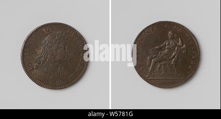 20-jährige Datei aus Regensburg zwischen Frankreich, den Kaiser, Spanien und den Niederlanden, gezählt Token zu Ehren von Ludwig XIV., König von Frankreich, Kupfer-Medaille. Front: Die man-Büste im Inneren. Rückwärtsgang: Sitzende Frau, der Rest, eine Krone auf ihr Knie in einem Wrap, Regensburg, Louis XIV (König von Frankreich), anonym, 1684, kupfer (Metall), markanten (Metallverarbeitung), d 2,7 cm × w 6,78 Stockfoto