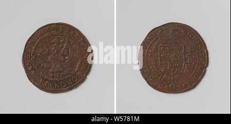 20-jährige Datei aus Regensburg zwischen Frankreich, den Kaiser, Spanien und den Niederlanden, gezählt Token im Auftrag der Rat der Finanzminister, Kupfer Medaille aufgeladen. Vorderseite: Waffe trophee innerhalb einer Serpentine rund und ein Kreisverkehr. Rückseite: gekrönte Wappen, hängen mit der Orden vom Goldenen Vlies innerhalb eines Kreises, Regensburg, anonyme, Brüssel, 1684, kupfer (Metall), markanten (Metallverarbeitung), d 3,2 cm × w 4.57 Stockfoto