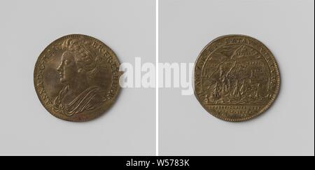 Schlacht von Vigo (Vigos): das Brennen der französischen und spanischen Flotten, Bestechung Token von Anna Stuart, König von England, Messing Medaille ausgezeichnet. Vorderseite: Woman's Büste im Inneren. Rückseite: Karte von der Bucht von Vigo, unten: Schiffe auf See innerhalb eines kreisförmigen, abgeschnitten: Inschrift, Vigo, Anna Stuart (Königin von England und Schottland), anonym, 1702, Messing (Legierung), markanten (Metallverarbeitung), d 2,6 cm × w 5.52 Stockfoto