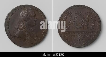 Befreiung von Prag, Sieg bei Breslau und Erfassung von Bratislava, gezählt Token zu Ehren von Karl Alexander, Herzog von Lorraine-Bar, Gouverneur der südlichen Niederlande, Kupfer-Medaille. Front: Die man-Büste im Inneren. Rückwärts: Drei laurel Kränze innerhalb eines Kreises, Schnitt: Beschriftung, Prag, Breslau, Bratislava, Karel Alexander Herzog von Lothringen, Jacques Roettiers (II), Antwerpen, 1758, kupfer (Metall), markanten (Metallverarbeitung), d 3,2 cm × w 13.53 Stockfoto