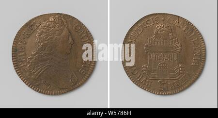 Philipp V., König von Spanien, gezählt Token im Auftrag von kasselrij Vieux-Bourg von Gent, Messing Token. Front: Die man-Büste im Inneren. Rückwärtsgang: Tower mit Lion's Head in einer Inschrift gekrönt, Reihe von Macken an Oudburg in Gent, Philip V (König von Spanien), Philippe Roettiers (II), Antwerpen, 1703-Dez-1703, Messing (Legierung), markanten (Metallverarbeitung), d 3 cm × w 5.93 Stockfoto