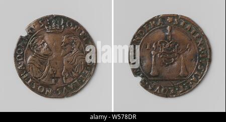 Charles V, Deutsche Kaiser, Berechnung Token der Stadt Brüssel, Kupfer Token mit Loch in der Mitte. Vorderseite: des Menschen Bruststück mit Krone innen Inschrift. Rückseite: Wappen in einem Kreis, Brüssel, Karl V. von Habsburg (Deutsche Kaiser und König von Spanien), anonyme, Antwerpen, 1556, kupfer (Metall), markanten (Metallverarbeitung), d 2,8 cm × w 4.38 Stockfoto