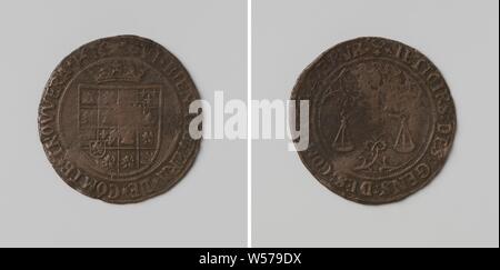 Die Landung von Charles I von Tazones in Spanien, Berechnung Token vom Rechnungshof in Brabant in Brüssel, Kupfer-Medaille. Vorderseite: gekrönte Wappen in einer Inschrift. Rückwärtsgang: Balance innerhalb des Kreises und Umfang ausgeglichen, bestehend aus drei Bögen, Tazones, Brüssel, Karl V. von Habsburg (Deutsche Kaiser und König von Spanien), Rechnungshof von Brabant, anonym, Belgien, 1518, kupfer (Metall), markanten (Metallverarbeitung), d 2,9 cm × w 3.27 Stockfoto