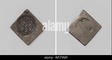 Belagerung von Amsterdam, not Münze von fünf Cent aus der städtischen Silber geprägt, rautenförmige Not-Medaille. Vorderseite: Zwei Stempel eine über der anderen, von Unten nach Oben: mintmaster anmelden: Feuer, Stahl, Stadt Wappen: gekrönte Wappen zwischen den Jahren, links von Crown Buchstaben V, Buchstabe S in runde Perle von RIM. Rückwärtsgang: Inschrift im Lorbeerkranz, Amsterdam, Anonym, 5-Jan-1578, silber (Metall), markanten (Metallverarbeitung), h 2,9 cm × 2,8 cm × w w 3.11 Stockfoto