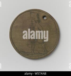 Korendragers-und-ausgießer Gilde von Amsterdam, Guild Token von Harmen Klasen, Messing Medaille mit einem Loch. Vorne: links Mann mit Last auf den Kopf. Rückwärtsgang: Inschrift, Amsterdam, Harmen Klasen, anonym, C. 1400 - C. 1885, Messing (Legierung), Gravieren, d 3,6 cm × w 9,63 Stockfoto