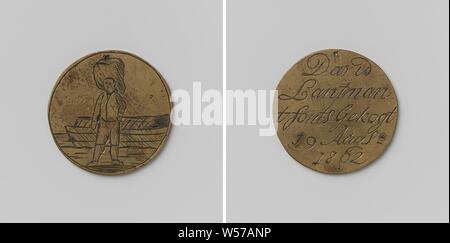 Korendragers-und-dumpingers Gilde von Amsterdam, Guild Token von David Lantman, Messing Medaille. Vorderseite: Mann mit einer leichten Last auf dem Kopf, leicht nach links gedreht, auf dem Hintergrund: leichtes Boot. Rückwärtsgang: Inschrift, Amsterdam, David Lantman, anonym, 1802, Messing (Legierung), Gravieren, d 3 cm × w 6.91 Stockfoto