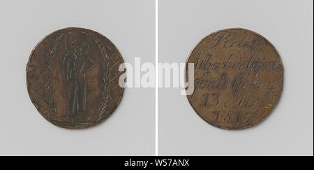 Korendragers-und-dumpingers Gilde von Amsterdam, Guild Token von Pieter Albert de Groot, Kupfer-Medaille. Vorderseite: Mann mit Kopf und Gesicht Ladung innen Blatt Kranz, Hintergrund: schattiert. Rückwärtsgang: Inschrift, Amsterdam, Pieter Albert de Groot, anonym, 1817, kupfer (Metall), Gravieren, d 3,5 cm × w 9,93 Stockfoto