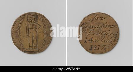 Korendragers-und-dumpingers Gilde aus Amsterdam, Guild Token von Jan Garenstroom, Messing Medaille. Vorderseite: Mann mit Kopf und Gesicht Ladung innen Blatt Kranz, Hintergrund: schattiert. Rückwärtsgang: Inschrift, Amsterdam, Jan Garenstroom, anonym, 1817, Messing (Legierung), Gravieren, d 3,4 cm × w 9.71 Stockfoto