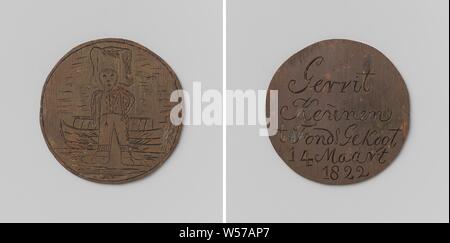 Korendragers-und-dumpingers Gilde von Amsterdam, Guild Token von Gerrit Keunen, Kupfer Medaille Vorderseite: Mann mit Last auf Kopf und Gesicht, vor Licht barge stehen. Rückwärtsgang: Inschrift, Amsterdam, Gerrit Keunen, anonym, 1822, kupfer (Metall), Gravieren, d 3,5 cm × w 6,67 Stockfoto
