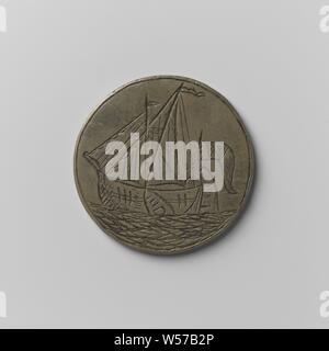 Kleine Binnenschifffahrt Gilde aus Amsterdam, Guild Token von Claas Adriaans von Amsterdam, Messing Medaille. Vorderseite: Schiff nach links, auf der Rückseite: Flagge mit Wappen. Rückwärtsgang: Inschrift, Amsterdam, Claas Adriaans, anonym, 1771, Messing (Legierung), Gravieren, d 3,4 cm × w 15,76 Stockfoto