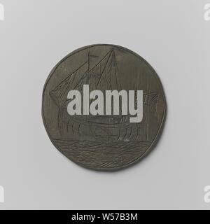 Kleine Binnenschifffahrt Gilde aus Amsterdam, Guild Token von tymen Schippers, Messing Medaille. Vorderseite: Schiff nach links, auf der Rückseite: Flagge mit Wappen. Rückwärtsgang: Inschrift, Amsterdam, tymen Schippers, anonym, 1790, Messing (Legierung), Gravieren, d 3,7 cm × w 9.54 Stockfoto