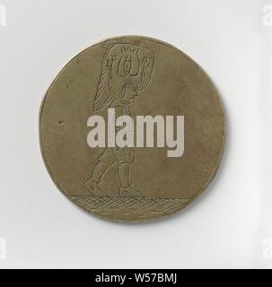 Korendragers-und-dumpingers Gilde aus Amsterdam, Guild Token von Jakob Barentse Kroock von hier aus Messing Medaille. Vorne: nach rechts zeigenden Mann mit Last auf den Kopf. Rückwärtsgang: Inschrift, Amsterdam, Jakob Barentse Kroock, anonym, 1693, Messing (Legierung), Gravieren, d 3,6 cm × w 11.17 Stockfoto