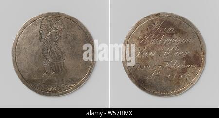 Korendragers-und-dumpingers Gilde aus Amsterdam, Guild Token von Jan Hulsman von hier aus Silber. Vorne: nach rechts zeigenden Mann mit Last auf Kopf, Nummer 48. Rückwärtsgang: Inschrift, Amsterdam, Jan Hulsman, anonym, 1724, silber (Metall), Gravieren, d 4,3 cm × w 155 Stockfoto