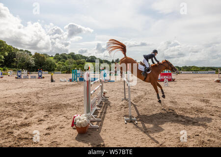 Carrigaline, Cork, Irland. 26. Juli, 2019. Carrigaline, Cork, Irland. 26. Juli, 2019. Maura Coughlan auf Killerisk Millie springt eine klare Runde während des Munster Connolly Red Mills Grand Prix Veranstaltung, die am Maryville Reitzentrum in Carrigaline, Co Cork, Irland, statt. - Gutschrift David Creedon/Alamy leben Nachrichten Stockfoto