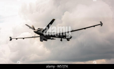 Ein US Air Force MQ-9 Reaper drone Inflight während eines Trainings Sortie in Übung Northern Strike19 am Alpena Combat Readiness Training Mitte Juli 24, 2019 in Alpena, Michigan. Stockfoto