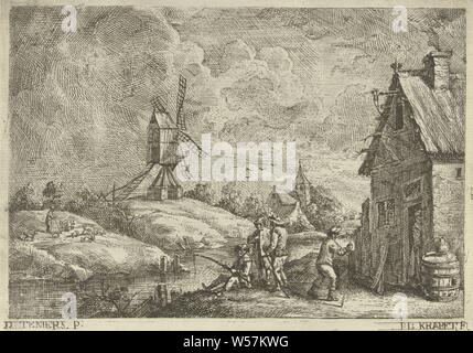 Landschaft mit einem Gasthaus und einer Mühle, in einem Gasthaus, ein Fischer ist das Angeln am Wasser. Hinter ihm sind zwei Männer und an den Eingang des Hauses ist eine Frau, die ein Mann mit einem Stock. Auf der anderen Seite des Wassers ein Schäfer mit seiner Herde von Schafen. Im Hintergrund eine Mühle auf einem Hügel, Fischer, Windmühle in Landschaft, Kirche (außen), Hüten, Hirt, Hirtin, Hirte, Hirtin, hirtenjunge, etc., Schafe, Jan Lauwryn Krafft (I) (auf Objekt erwähnt), 1704-1765, Papier, Ätzen, H 145 mm x B 206 mm Stockfoto