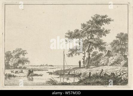 Landschaft mit einem Boot einen Fluss Landschaft mit Kühen und ein Segelboot. An den Ufern des Flusses, die von zwei Bäumen, steht eine Person mit einem Kind in seine Arme. Zwischen den Bäumen im Hintergrund das Dach eines Bauernhofes, Fluss (Landschaft mit Figuren, staffage), Hermanus Fock, Amsterdam, 1781 - 1822, Papier, Ätzen, H 127 mm x B 191 mm Stockfoto