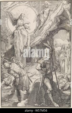 Die Auferstehung Christi, die Leidenschaft (Titel der Serie), Christus floating am Eingang sein Grab mit einem Sieg Banner in seine Hand ist. Die drei Marien stehen am Eingang des Grabes und sehen ein Engel sitzt auf dem Weggedrückt Stein. Ein paar Soldaten sind verängstigt und einige sind auf dem Boden zu schlafen, Christus, in der Regel mit einem Banner, ergibt sich aus dem Grab, oft mit Schlaf- und/oder ängstliche Soldaten kombiniert, Christus, schweben über oder in der Nähe des Grabes, Angel (s) die heiligen Frauen, die Auferstehung Christi, Ludovicus Siceram, Antwerpen, 1623, Papier, Gravur, H 194 mm x B 128 mm Stockfoto