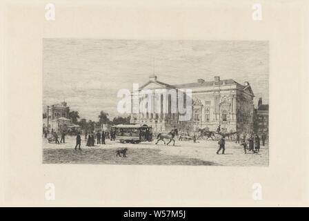 Blick auf den Leidseplein in Amsterdam mit der Stadt im Hintergrund. Im Vordergrund ein Pferd Straßenbahn, Straße (Stadtbild mit Figuren, staffage), Fleiß, Omnibus, Straßenbahn, Amsterdam, Leidseplein, Stadsschouwburg, Johan Conrad Greive (auf Objekt erwähnt), nach der 9-Jan-1877, Papier, Ätzen, w201mm x H 300 mm Stockfoto