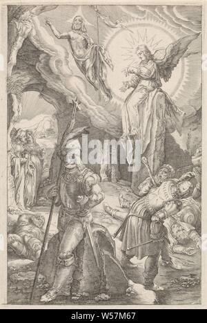 Die Auferstehung Christi, die Leidenschaft (Titel der Serie), Christus floating am Eingang sein Grab mit einem Sieg Banner in seine Hand ist. Die drei Marien stehen am Eingang des Grabes und sehen ein Engel sitzt auf dem Weggedrückt Stein. Ein paar Soldaten sind verängstigt und einige sind auf dem Boden zu schlafen, Christus, in der Regel mit einem Banner, ergibt sich aus dem Grab, oft mit Schlaf- und/oder ängstliche Soldaten kombiniert, Christus, schweben über oder in der Nähe des Grabes, Angel (s) die heiligen Frauen, die Auferstehung Christi, anonym, Niederlande (möglicherweise), 1596-1667, Papier, Gravieren, h200 Stockfoto