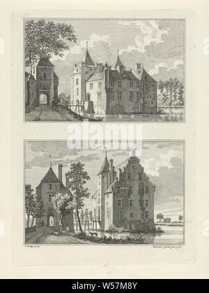 De Berckt Schloss und Burg, Stadt Ossenbroek 1746 und Blick auf die Stadt in Kleve (Titel der Serie), zwei Darstellungen von einer Platte. Blick auf De Berckt Schloss in Baarlo (oben) und Ossenbroek Castle in der Nähe von Kleve, Deutschland (unten). Der Druck ist Teil eines 100-teilige Serie mit Blick auf die Dörfer und Städte in Kleve, Landschaft mit Turm oder Burg, Sevenum, Kleve, Paulus van Liender (auf Objekt erwähnt), 1760, Papier, Ätzen, H 202 mm x B 146 mm Stockfoto