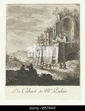 Die Ruinen der Tempel der Sonne und des Mondes am Kolosseum, Ruinen der Tempel der Sonne und des Mondes am Kolosseum nach einer Zeichnung von Thomas Wijck. Im folgenden Text in der Marge du Cabinet de Herr Poulain, Landschaft mit Ruinen, Rom, Bartholomeus Breenbergh (möglicherweise), 1626-1659 und/oder 1700-1800, Papier, Ätzen, H 140 mm x B 110 mm Stockfoto