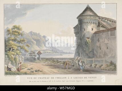 Blick auf das Schloss Chillon Vue du Chateau de Chillon à 2 lieues de Vevey (Titel auf Objekt), das Schloss Chillon am Genfer See entfernt, Château de Chillon, Jan Gerard Waldorp (auf Objekt erwähnt), Amsterdam, 1792, Papier, Ätzen, H 336 mm x B 476 mm Stockfoto