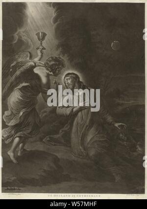 Christus im Garten Gethsemane, den Erlöser, in Gethsemane. (Titel auf Objekt), Christus betet zu Gott im Garten Gethsemane und erhält eine Vision. Ein Engel mit Kelch erscheint in der Wolke Himmel. Im Hintergrund zwei seiner Studenten schlafen, schlafen, Bewusstlosigkeit, Todeskampf Christi: ihn zu trösten einen oder mehrere Engel zu Christus mit Kelch und/oder Kreuz erscheint, Charles Howard Hodges, London, 1808, Papier, H 595 mm x B 440 mm Stockfoto