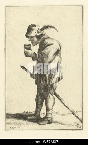 Bauer mit Glas in der Hand und Halten einige Landwirte (Titel der Serie), Landwirte, Glas, rummer, Trinken, Cornelis Danckerts (I), Niederlande, 1613 - 1656, Papier, Ätzen, H 145 mm x B 91 mm. Stockfoto