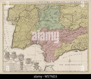 Karte von Spanien und Portugal, Karte mit einem Teil von Portugal und der spanischen Südküste. Teil (unten links) einer großen Karte von Spanien und Portugal in vier Blätter, Ca. 1703. Unten links die Legende und die Arme von Spanien und Portugal, verbunden mit dem Wappen der Algarve (einschließlich der Stadt Arme von Toledo und Grenada), Andalusien, Kastilien und León, Karten der einzelnen Länder oder Regionen, Flagge, Farben (als Symbol des Staates usw.), Spanien, Portugal, Jan Luyken (möglicherweise), Amsterdam, 1720 - 1772, Papier, Ätzen, H 503 mm x B 600 mm Stockfoto