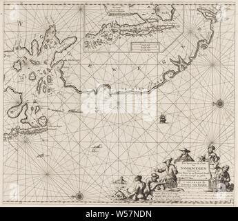 Pass von einem Teil der Küste von Norwegen Pass von Cust von Norwegen ab Der Nues zu Bommel Sond Seher Naeu-Ceurigh am Rahmen (Titel auf Objekt) Pass Karte von einem Teil der Küste von Norwegen, mit zwei Kompass Rosen, der Norden ist auf der linken Seite. Unten rechts eine Kartusche mit den Titel, die Adresse von dem Herausgeber und dem Maßstab, in Deutsch, Englisch und Spanisch oder Französisch Meilen angezeigt. Um die Kartusche Fischer, Segler und andere Handwerker, Seaman, Fische, Säugetiere: Wal Schwimmen, Segeln, Schiff, Segelboot, Norwegen, Jan Luyken, Amsterdam, 1681 - 1799, Papier, Gravur, H 514 mm x B 589 mm Stockfoto