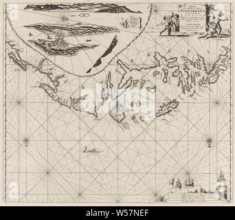 Pass Karte aus Teil der Küste der Finnmark Pass Karte aus 't Noordelykste an der Küste von Finmarkken und Teil von Lappland ab C. Tromsondt zu Tiepena (Titel auf Objekt), Pass Karte von einem Teil der Küste der Finnmark in Norwegen, mit Karte der Insel Vardö, mit zwei Kompass Rosen, der Norden ist unten. Oben rechts eine Kartusche mit den Titel, die Adresse der Herausgeber, mit vier putti Spielen blinde Mann eingerichtet. Unten rechts, um den Maßstab, die in Deutsch, Englisch und Spanisch oder Französisch Meilen (Maßstab: c dargestellt. 1:900 000) von Booten, Händlern und Waren, Putten umgeben:' Stockfoto